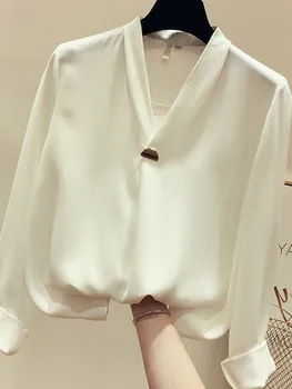 Mados V Kaklo Satino Palaidinė Atsitiktinis Marškinėliai ilgomis Rankovėmis Mygtuką Moterų Slim Palaidinės Office Lady Marškiniai, Elegantiškas Marškinėliai Topai 2020 naujas