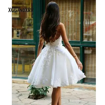 Romantiška Trumpa Vestuvinė Suknelė 2020 Linija, Dėmė, Nėriniai Appliques Berankovis Vasaros vestuvių suknelė Balta dramblio kaulo Šalies Nuotakų Suknelės