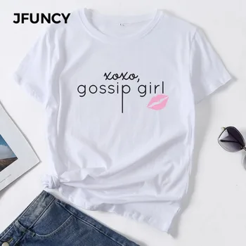 JFUNCY 8 Spalvos Plius Dydis Vasaros Moterų Medvilnės T Shirts Juokinga Gossip Girl Atspausdinta 