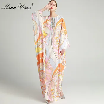 MoaaYina Mados Dizaineris suknelė Pavasarį, Rudenį Moterų Suknelė Batwing Rankovės Geometrijos Spausdinti Prarasti Maxi Suknelės skraiste