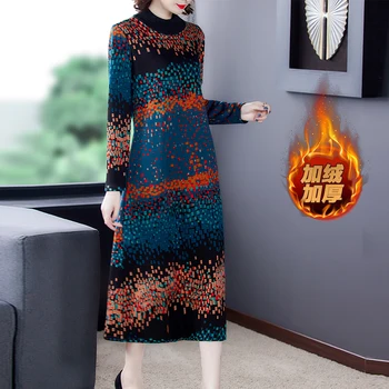 LUKAXSIKAX 2020 Naujas Žiemos Moterys Tirštėti Vilnos Šiltas Bazę Suknelė Aukštos Kokybės Mados Spalvinga Spausdinti Elegantiška, Ilga Suknelė