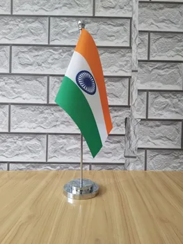 Indija Biuro stalas stalas vėliava su aukso arba sidabro spalvos metalo stiebo pagrindo 14*21cm šalies vėliava, nemokamas pristatymas NE.0039