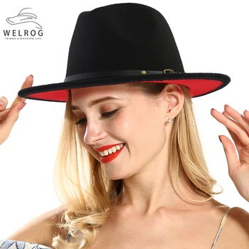 WELROG Juoda Raudona Kratinys Vilnos Veltinio Džiazo Fedora Skrybėlės Rudenį Diržo Sagtis Dekoro Moterų Platus Kraštų Panama Trilby Kaubojaus Kepurė