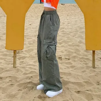 Rudenį korėjos vientisa Spalva mergina retro darbo drabužiai moterų atsitiktinis palaidų pločio kojų kelnės hip-hop Krovinių kelnės Kišenėje Nėrinių kelnės