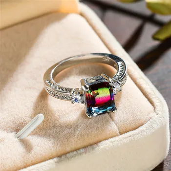 Žavesio Moterų Rainbow Crystal Akmens Žiedas Classic Sidabro Spalvos Plonas Vestuviniai Žiedai Moterims Žada Aikštėje Cirkonis Vestuvinis Žiedas