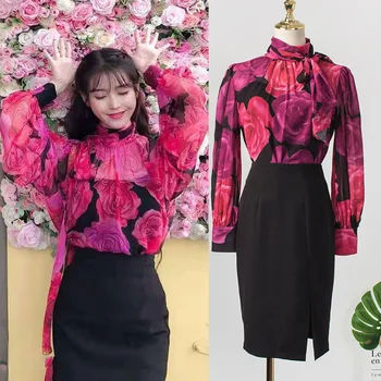 2 dalių Rinkinys Moterims Gėlių Marškinėliai + Sijonas Moterims DEL LUNA Hotel IU Korėja Star Long Sleeve Top Juoda Sijonai Office Lady Drabužiai