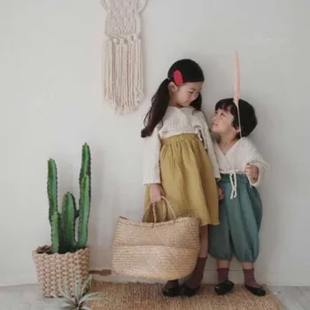 2020 m. Japonijos korėjiečių Bamblys Baby Girl Dress Raukiniai Lino Suknelė Kūdikių Mergaitės, ilgomis Rankovėmis Suknelę Prekės Medvilnės Princesė Rudens Drabužiai