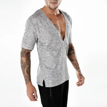 2018 Naujas Vyrų Seksualus Giliai V-kaklo marškinėliai trumpomis Rankovėmis Slim Fit marškinėliai Vyrų vientisos Spalvos Hip-Hop High Street Viršūnes Streetwear