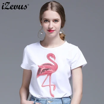 IZEVUS 2019 naujas moterų trumparankoviai flamingo spausdinimo raundo kaklo medvilnės trumparankoviai marškinėliai mados ponios marškinėliai