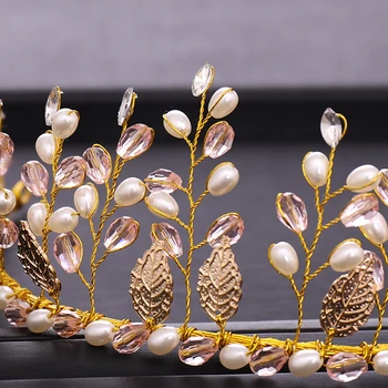 Naujas Vestuvių Plaukų Aksesuarai Gėlių Lapai Pearl Kristalų Ekrano Užsklandą Princess Crown Nuotakos Tiara Aukso Tiara Rankų Darbo Aksesuarai