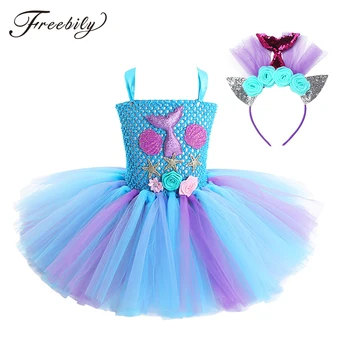 Nauja Vaikų Mergaičių Princesė Undinėlė Kostiumo Rankovių 3D Gėlių Tinklelio Suknelė Plaukų Lankelis Nustatyti Vaikų, Helovyno Cosplay Šalis Dress Aukštyn