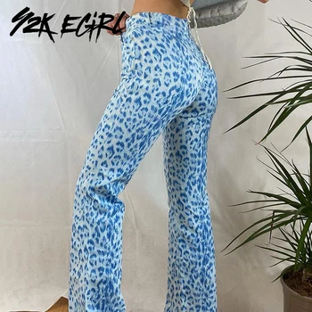 Y2K EGIRL Harajuku Leopard Parttern Aukšto Liemens Kelnės Estetika Atsirišo Mėlyna Gyvūnų Spausdinti Ilgos Kelnės Punk Stiliaus Grupė Komplektai