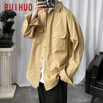 RUIHUO Safari Stilių, Kietas Marškinėliai Vyrams korėjos Mada Drabužiai Vyrams Marškinėliai ilgomis Rankovėmis Mens Atsitiktinis Marškinėliai Slim Fit 2021 M-4XL