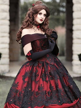 Gotikos Konstrukcijos Raudona ir Juoda Vestuvių Suknelės Pilis Princesė Off Peties Senovinių Nėrinių Satino Nuotakos Kamuolys Chalatai vestido de noiva