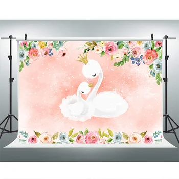 Baltoji Gulbė Baby Shower Fone Aukso Karūną Rožinė Akvarelė Gėlių Fotografija Šeimų Vaikams Gimtadienio Reklama Backdrops