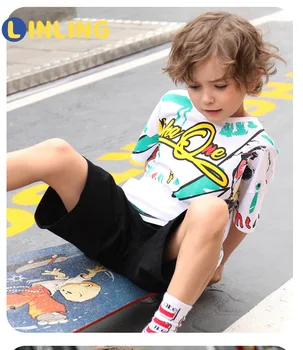LINLING Atsitiktinis Aktyvus Medvilnės Mados Streetwear Vaikų Vasaros trumpomis Rankovėmis T-Shirt Vaikai Juodos spalvos sportinius Marškinėlius, kad Berniukas Viršūnes Tee P309