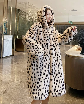 Naujas Leopard Print Dirbtiniais Kailių Paltai Moterims, Žiemą Šilta Parko Ilgai Negabaritinių Gobtuvu Furry Paltas Moterų, Kailių Žiemos Striukė Plius dydis