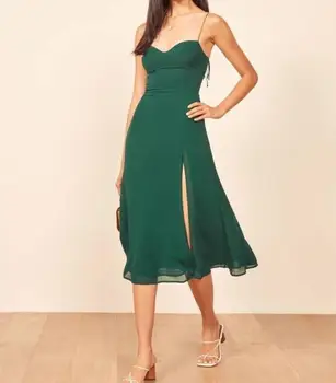 2020 m. prancūzijos Moterų Suknelė vientisos Žalios Spalvos Tvarsčiu Jungiamąją iki Spageti Dirželis Vidurio Blauzdos Ritininės Suknelės, Šaliai, Mados Moterų Drabužiai