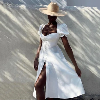 Ailigou 2020 Metų Vasaros Aukštos Kokybės Kvadratinių Kaklo Sluoksniuotos Rankovėmis Elegantiška Moteriška Suknelė Baltos Spalvos Vidutinio Ilgio Seksualus Šalis Suknelė Vestidos