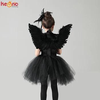 Black Swan Merginos Tutu Suknelė su Plunksnų Sparnais ir Plaukų Įrašą Blogio Karalienė Vaikai Halloween Carnival Šalies Kostiumų Baleto Tutu Suknelė