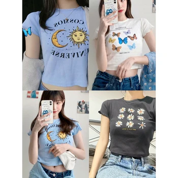 Moterys Vasarą Cartoon Sun Moon Print T-shirt O-kaklo trumpomis Rankovėmis marškinėliai Harajuku Drugelis Drabužių Streetwear Medvilnės marškinėliai Viršų