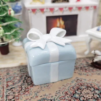 1:12 Masto Lėlių Miniatiūros Mini Blue Keramikos, Porceliano Dovanų Dėžutė Saldainių Pateikti Dėžės Bowknot Dangčio Kalėdų Dekoro Priedų