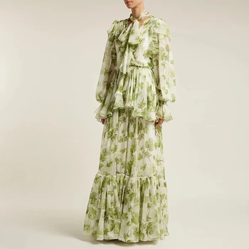 AELESEEN kilimo ir tūpimo Tako Mados Moterų Suknelė Dizaineris Naujas Raukiniai Žalia Gėlių Spausdinti Žibintų Rankovės Domino Maxi Šalies Elegantiškas Suknelės