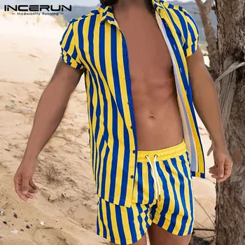INCERUN Vasaros Vyrų Dryžuotas Rinkiniai Havajų Trumpas Rankovės Atsitiktinis Marškinėliai Kvėpuojantis Paplūdimio Šortai Vyrams Kostiumai 2 vnt Streetwear S-3XL
