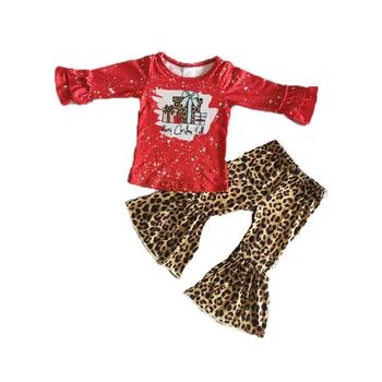 Geriausia Pardavimo Bamblys Vaikams Kalėdų Ilgomis Rankovėmis Audinys Tiktų Mergina Viršų Ir Leopardas Varpų Komplektas, Vaikų Drabužiai, Dovanų Modelis
