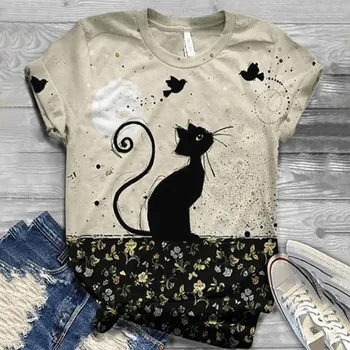Plus Size omanas tshirts Trumpas Rankovės 3D katė Gyvūnų Spausdinami O-Kaklo Viršūnes Tee Marškinėliai drabužių moterims aukštos kokybės футболка