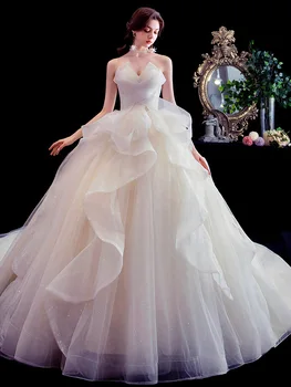 2021 Stebėjimo Vestuvių Suknelė Su Teptuku Traukinio Nėrinių Nuotakos Kamuolys Suknelė, Klasikinis Apdaras De Mariee Pritaikyti Vestido De Noiva