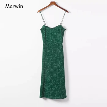 Marwin 2019 Naujas-Ateinančią Vasarą Europos Retro Tamsiai žalias Taškas Spageti Dirželis Nėrinių Padalinta High Street Style Stebėjimo Moterų Suknelės