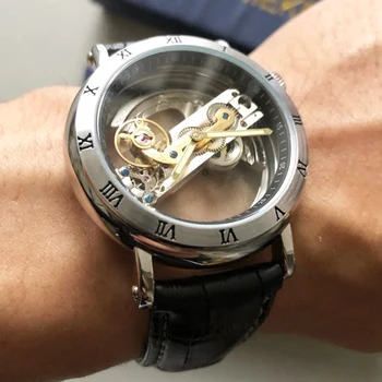 Forsining 2019 Prabangus Dizainas, Skaidri Atveju Rudos Odos Dirželis Vyrai Laikrodžiai Top Brand Prabanga Skeletas Automatinis Riešo Laikrodžiai