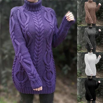 Rudenį ir žiemą sutirštės atvartas retro storais siūlais twist mid-ilgis vientisos spalvos megztinis ilgas viršutinį sluoksnį megztinis moterims