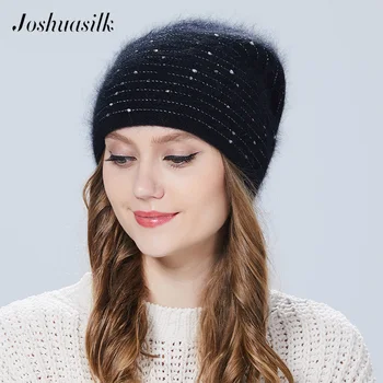 Joshuasilk žiemos Moterys skrybėlę Drugelis megzti vilnos angoros Dryžuotas kepurės Su Aukso apdaila bžūp Dvigubą šiltą kepurę