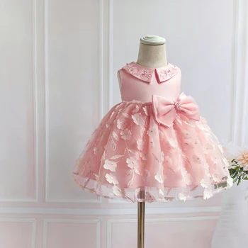 Rožinis Tiulis Baby Girl Dress Appliques Granulių Krikštynų Suknelė Krikšto Naujagimiai, 1 st Gimtadienis Princesė Kūdikių Vestuvės Dress