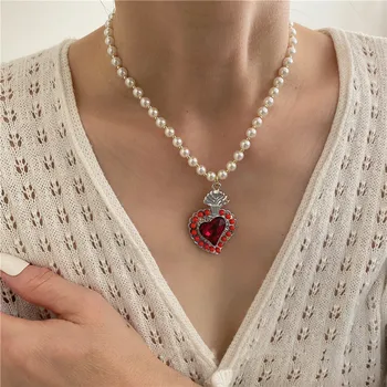 Perdėtas Elegantiškas Raudonas Krištolas kalnų krištolas Širdies Pakabukas Karoliai Moterų, Imituojant Pearl Geometrinis Chokers Karoliai Dovanos