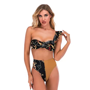 Nauji moteriški maudymosi Kostiumėliai, Aukštos Kokybės Vieno Peties Spausdinti vientisa Spalva Padalinta Swimsuit Moterys Mados Seksualus Bikini Leopardas Spausdinimo Dizainą