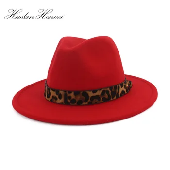 2019 Mados Unisex Europos MUMS Plokščių Kraštų Džiazo Fedora Skrybėlės Leopard Grūdų Diržas Dekoro Panama Trilby Fascinator Ponios Suknelė Skrybėlės