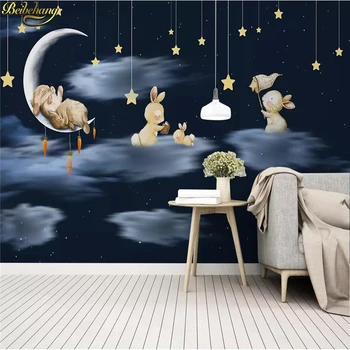 Beibehang Šiaurės minimalistinis ranka pieštas animacinis tapetai 3D triušis dangus naktį, vaikų kambarys fono sienos dokumentų namų dekoro