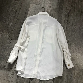 GALCAUR Deimantų Dryžuotas Marškinėliai Moterims Atvartas ilgomis Rankovėmis Atsitiktinis Palaidų Vienas Dydis Balta Palaidinė Moterų 2020 M. Vasaros Mados Drabužiai