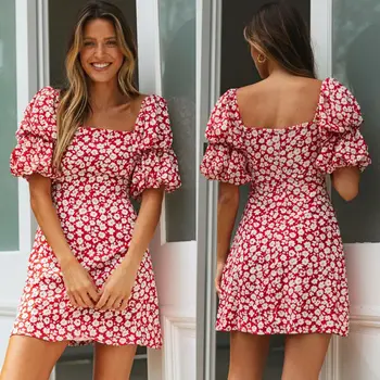 Gėlių Vintage Suknelė Moterims Sluoksniuotos Rankovėmis Vasaros Suknelės Aikštėje Apykaklės Paplūdimio Mini Suknelė Aukšto Juosmens Užtrauktukas Moterų Raudona Sundress