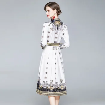 Kilimo ir tūpimo tako Dizaineris Suknelė Moterims Rudens Žiemos Prarasti Plius Dydžio Elegantiškas Plonas Suknelė Balta ilgomis rankovėmis Atvartas Derliaus Kelio ilgio Suknelė