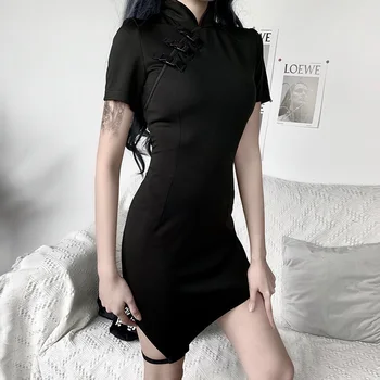InsGoth Streetwear Derliaus Mini Moterų Suknelė Gotikos Cheongsam Kinų Stiliaus Kietas Juodos Seksualios Trumpos Suknelės Vasaros Šalis Suknelė