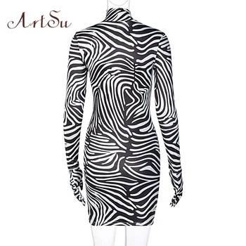 Artsu Zebras Spausdinti Moterų Mini Suknelė Ilgomis Rankovėmis Su Pirštines Golfo Bodycon Seksualus Suknelės Rudens Ir Žiemos Plonas Klubas 42016