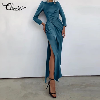 Elegantiškas OLIS Office Lady Suknelė Celmia Moterys ilgomis Rankovėmis Seksualus Plyšio Bodycon Suknelės 2021 Mados Satino Juostinės Klubas Šalies Vestidos