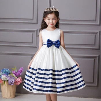 Nauja paauglių mergaičių, ilga suknelė dryžuota satino paprasta suknelė vaikų lankas elegantiškas princesė dress vaikų šalis priimančiosios kostiumas vasarai