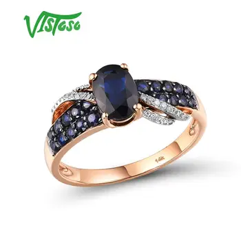 VISTOSO Grynas 14K 585 Rose Aukso Žiedas Moterims Žiedas šviečia Diamond Blue Sapphire Prabangių Vestuvių, Sužadėtuvių Elegantiškas Bauda Papuošalai