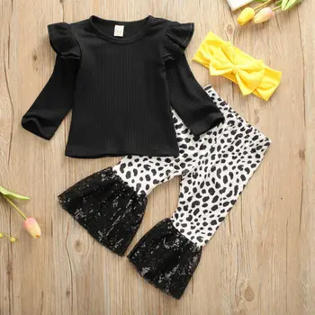 Naujagimis, Vaikas, Kūdikis Merginų Topai marškinėliai+Leopard Užsiliepsnojo Kelnės Kelnių Rudens Drabužiai 3Pcs