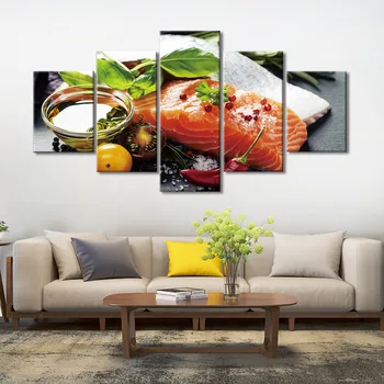 Meno Nuotraukos, HD Spaudinių Drobė Sienos 5 Gabalas Žuvų Maisto Paveikslų Namų Dekoro, Virtuvės Puošmena, Plakatai Sistema